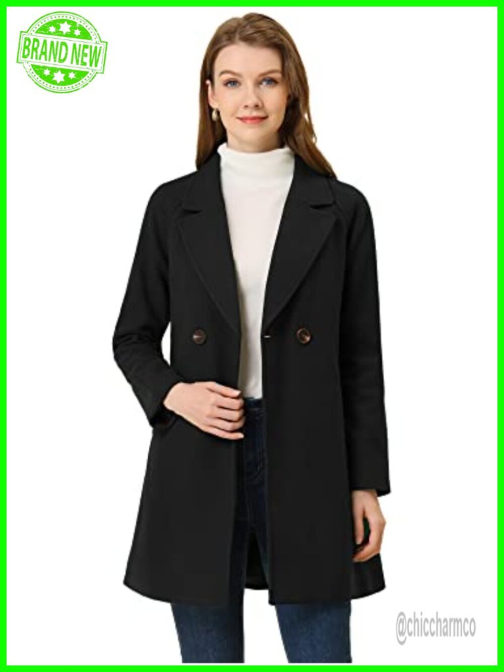 Notched Lapel Double Breasted Trench Coat Raglan Long Sleeve Winter Peacoat